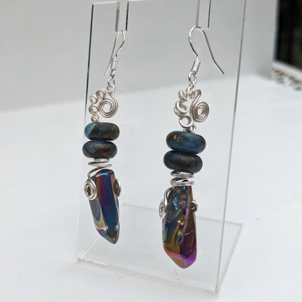 Quartz Crystals & Impression Jasper Silver Earrings Handmade Artisan Wrapped - Picture 10 of 10